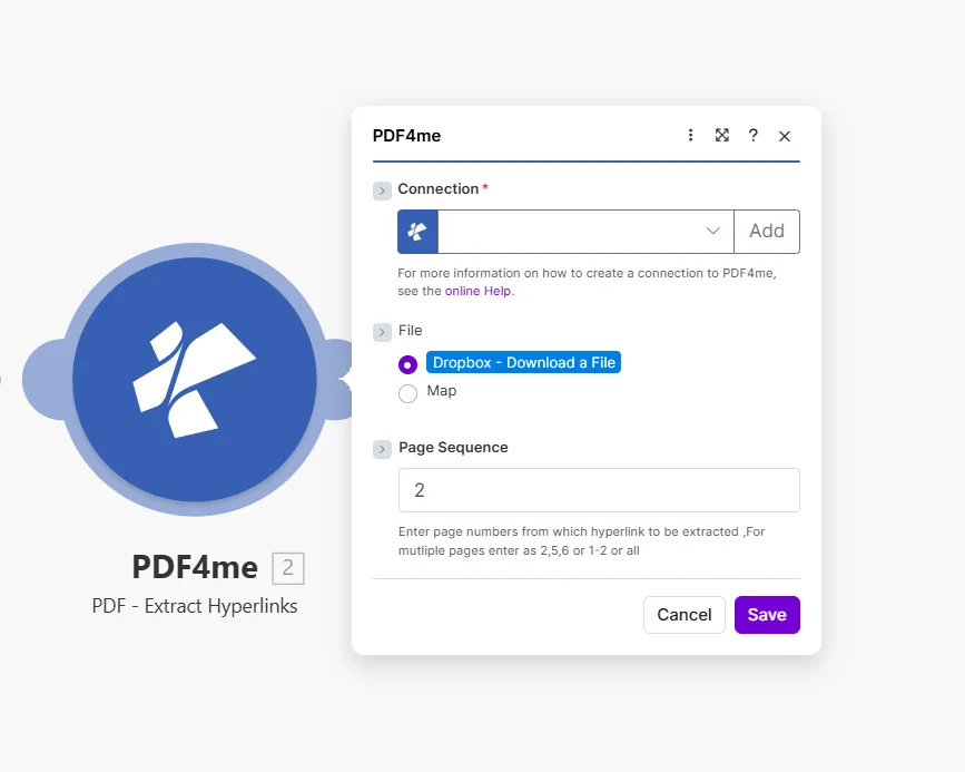Zum Vergrößern bitte anklicken Das Modul „PDF4me PDF Extract Hyperlinks“ zeigt ein leeres Verbindungsfeld mit der Schaltfläche „Hinzufügen“ an. Die Datei ist auf „Dropbox – Datei mit Map-Option herunterladen“ eingestellt, und das Feld „Seitenreihenfolge“ ist auf 2 mit dem Hinweis „Geben Sie die Seitenzahlen ein, aus denen der Hyperlink extrahiert werden soll. Geben Sie bei mehreren Seiten 2, 5, 6 oder 1–2 oder alle ein“ ein.